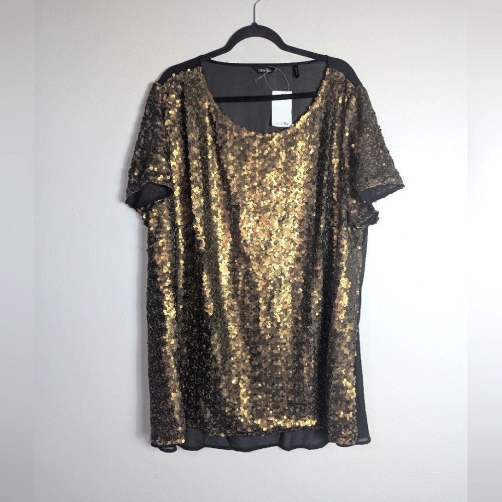 26 NWT Label Be Gold Sequin Black Semi Sheer Top